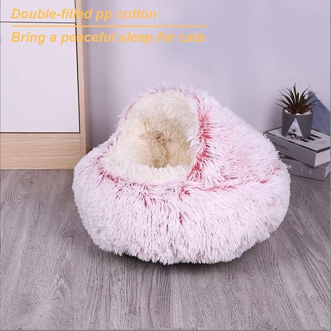 YUDANSI Cat Bed Hooded for Indoor Cats, Dog Bed with Large Covered Hood for Small Dogs Cats Puppy Kitty, Anti Anxiety Donut Cuddler, Anti Slip Plush Faux Fur Enclosed Pet Nest (Washable)(Pink-20inch)