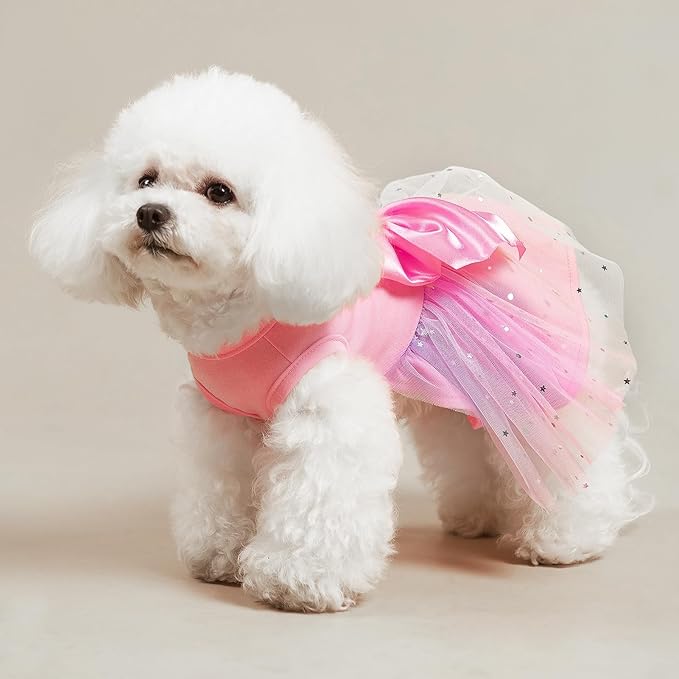 PUPTECK Print Dog Dress Pet Apparel for Birthday with Cute Bowtie Puppy Clothes Outfit, L