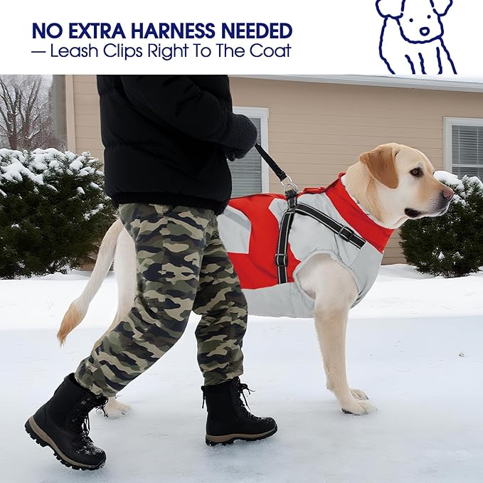 FUAMEY Dog Winter Jackets for Large Dogs,Dog Coat with Harness Built in,Waterproof Dogs Snowsuits Warm Pet Jacket Zip Up Fleece Cold Weather Coats Reflective Puppy Vest with Pocket Red XL