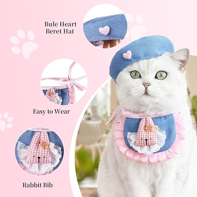 HOWWFALY Adorable Cat Princess Costume Blue Cat Beret with Little Heart & Lace Rabbit Bib Scarf Set, Adjustable Pet Costume for Halloween Christmas Birthday Parties