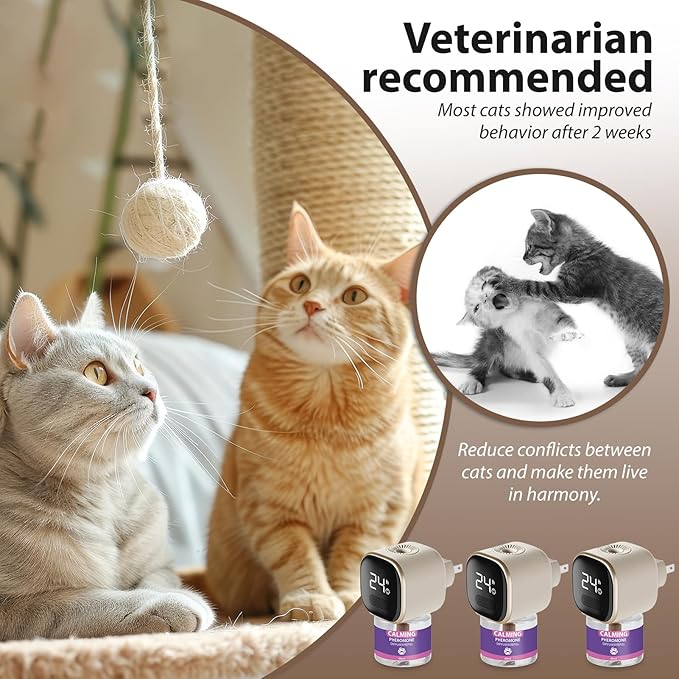 Multi Cat Calming Diffuser Relieve Stress Anxiety Cat Pheromones Calming Diffuser with Timing Function Cat Pheromone Diffuser 3 Pack Pheromones to Reduce Fighting Spraying and Scratching Fits All Cats