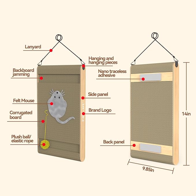 Cat Scratch Pad. Corrugated Cat Scratcher for Indoor Cats with Catnip. Cardboard Cat Scratcher with Mouse Logo and Hanging Ball Toy Design. Replaceable core Cat Scratching Board.(Pack of 2)