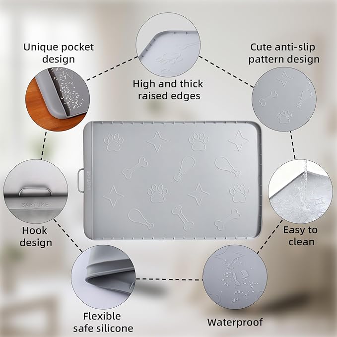 Silicone Cat Litter Mat with Collection Pocket, 42" x 28" Large Cat Litter Box Mat Waterproof Anti-Slip Litter Trapping Mat with Edge and Handle Pet Placemat for Floors (Light Grey)