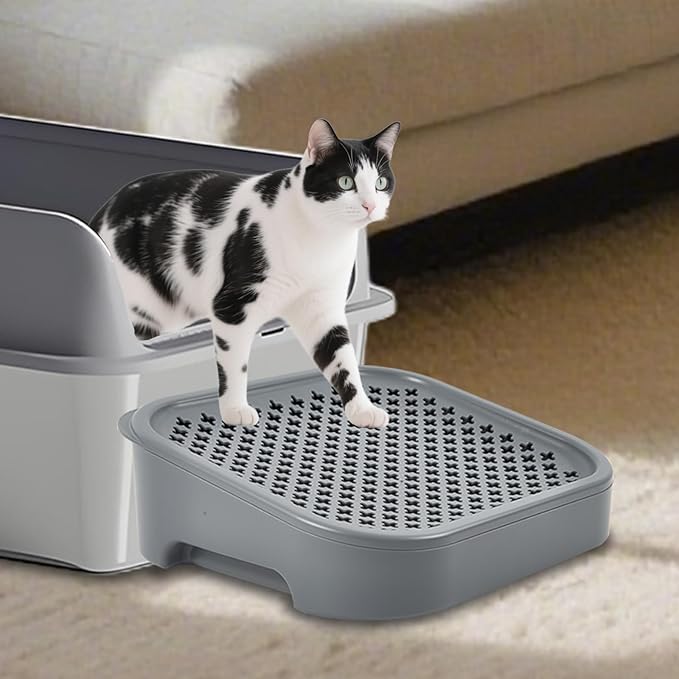 SpaceTime Elevated Cat Litter Mat,Trapping litter box mat with Filter Function,Small Waterproof Cat litter pad/Ramp/steps for Indoor Floor,Easy to Clean,Suitable for Kittens & Senior Cats (Grey)