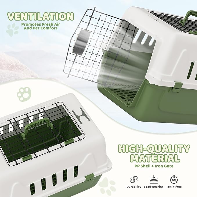 Magshion Pets Plastic Carrier, 22-Inch Hard-Sided 2-Door Top-Loading Kennel for Small Dogs and CatsLonger Traveling, Durable Handle, and 4 Sides Ventilation for Pet Up 22 lbs (White+Green)