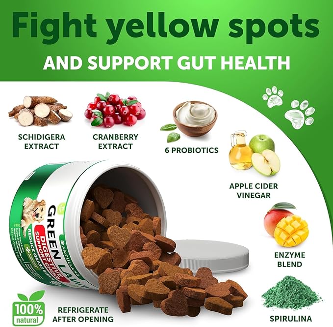 Grass Burn Spot Chews for Dogs - Pee Lawn Spot Saver Caused by Dog Urine - Grass Treatment Rocks - Urine Neutralizer for Green Lawn - Chewable Probiotics, Digestive Enzymes, DL-Methionine - 120 Treats