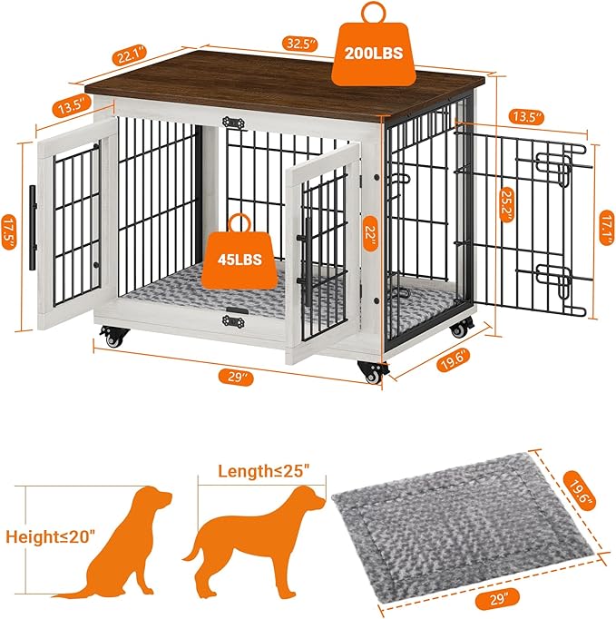 Dog Crate Furniture with Cushion, Wooden Dog Kennel Indoor with Double Doors, Dog Cage with Wheels, Dog House Side End Table for Small Medium Dogs up to 45 lb, 32.5" L, White