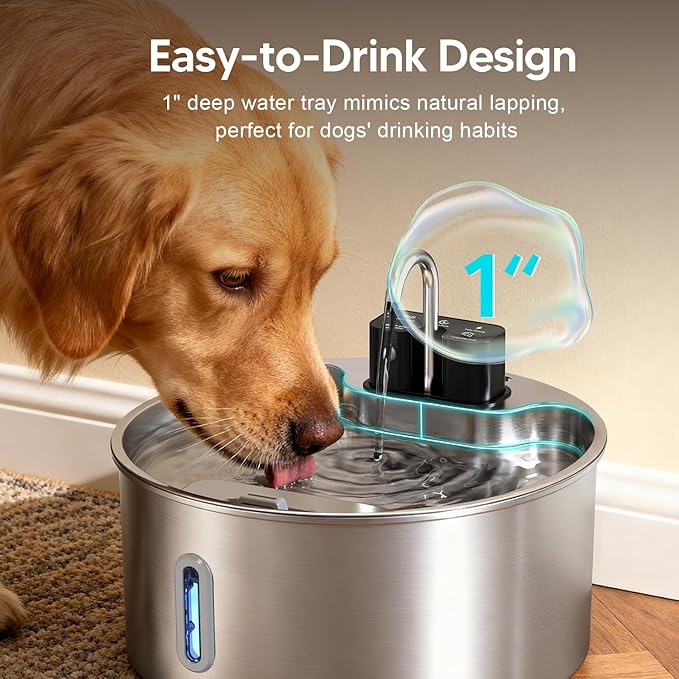 Dog Water Fountain,Wireless Stainless Steel Dog Fountain for Small to Large Dogs,1.8Gal/7L Battery Operated Cat Water Fountain,Water Level Window,Quiet Pump,Multi-Filtration,Easy Clean,6 Filter