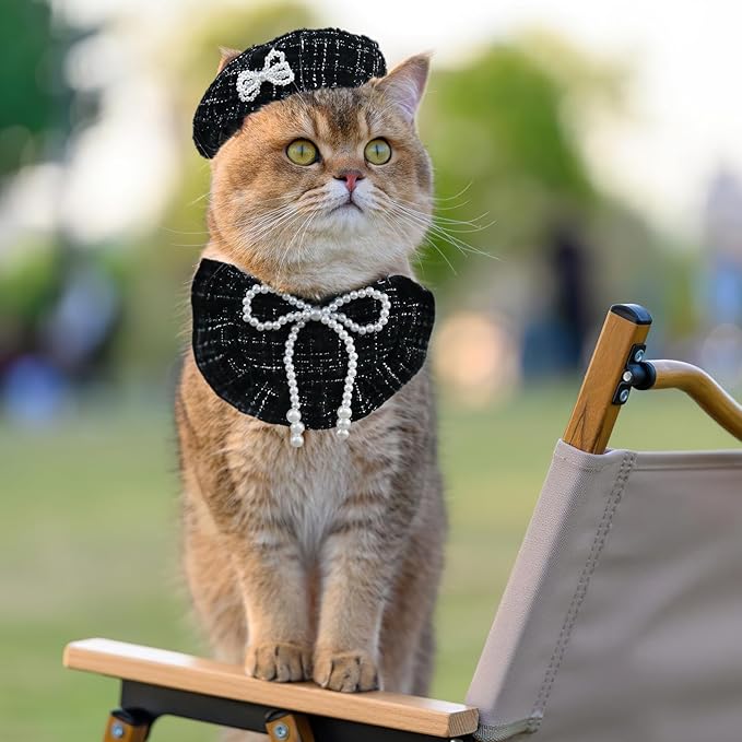 HOWWFALY 2PCS Cat Beret Hat with Pearl Bowtie, Adjustable Bandana Scarf Set Pet Princess Costume for Halloween Christmas, Cat Dog Birthday Party Apparel(Black Pearl)