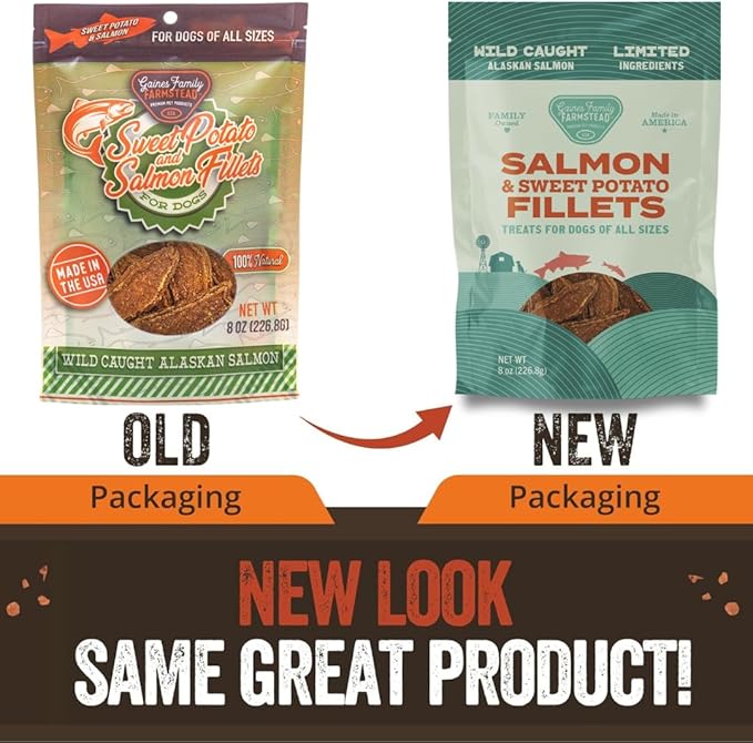 Gaines Family Farmstead Salmon & Sweet Potato Fillets for Dogs - 8 oz Pouch, All-Natural Dog Treats – Wild Caught Alaskan Salmon, Soft Chew, Limited Ingredients, Made in USA