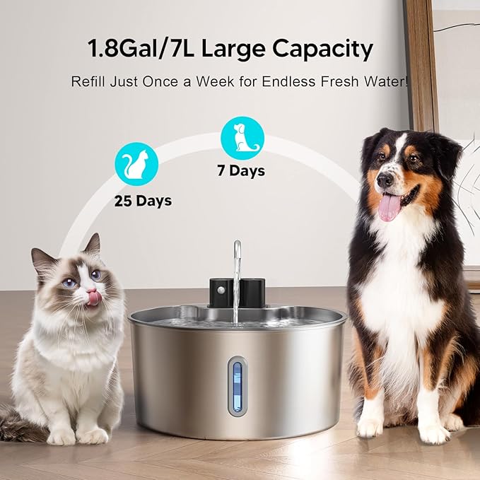 Voluas Dog Water Fountain: 1.8Gal/7L Wireless Stainless Steel Dog Fountain Bowl for Small to Large Dogs, Battery Operated Pet Water Dispenser Indoor with Ultra-Quiet Pump, Multi-Filtration, Easy Clean