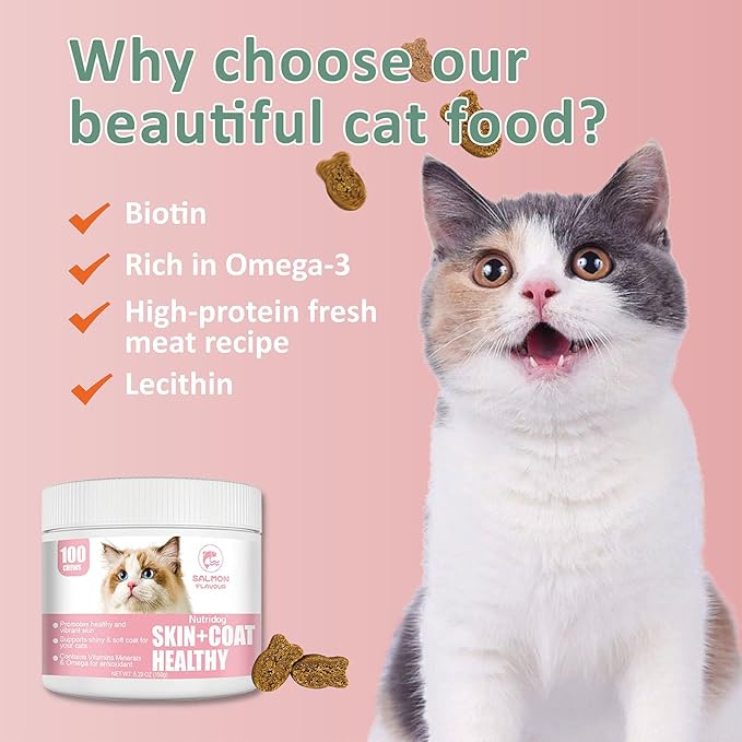 Skin & Coat Cat Chews - Omega 3, Vitamin E, Biotin Supplements for Healthy Skin, Glossy Coat & Anti - Shedding, Salmon Flavor 100ct Soft Chews (Salmon)