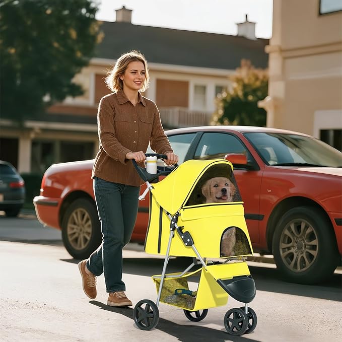 Cat & Dog Stroller, 3-Wheels Foldable Pet Stroller for Medium/Puppy Dogs & Cats, 30 Lbs, Yellow Mesh with Storage Basket & Cup Holder