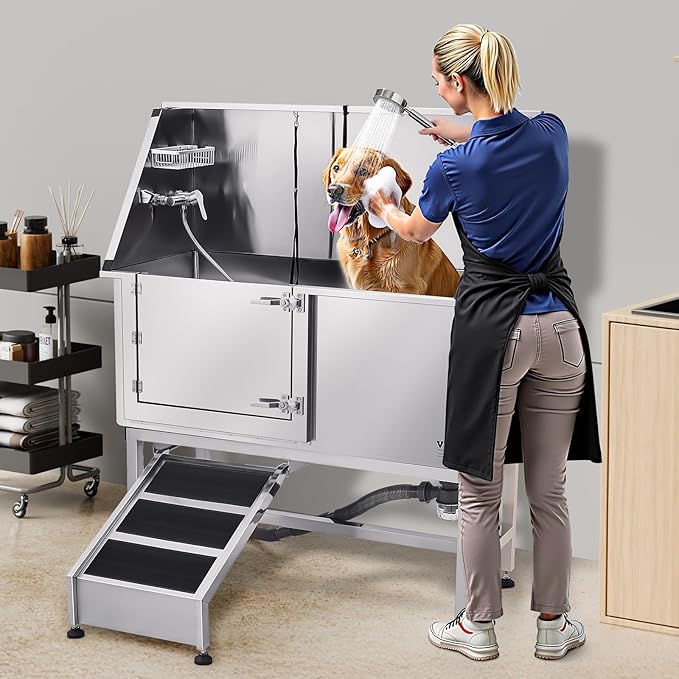 VEVOR Stainless Steel Dog Washing Station, Professional 62 inch Pet Grooming Tub w/Ramp, PE Water Filter Board, Faucet & Showerhead & Soap Holder Bathtub for Large & Medium & Small Pets (Left Door)