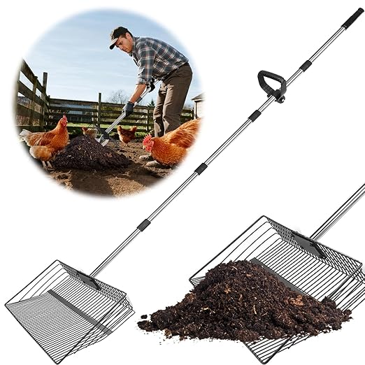 15-inch Large Chicken Poop Scooper with Ergonomic Grip, 5 in 1 Adjustable Chicken Coop Pooper Shovel, Sifting Litter Shovel Scoop for Dog Coop/cowshed‌/Sheep Pen/Pigsty/Stable Cleaning/‌Feed hay