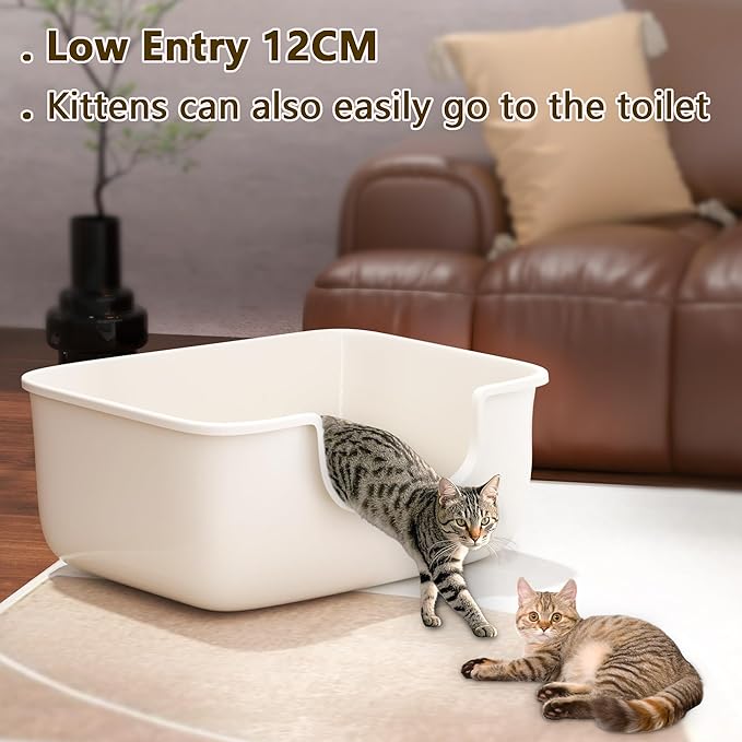 Large Cat Litter Box with High Sides, Open Kitty Litter Boxes Anti-Splashing for Indoor Cat Low Entry Cat Litter Pan for Small and Elderly Cats, Tool-Free Assembly(19.7” * 15.76” * 8.67” White)