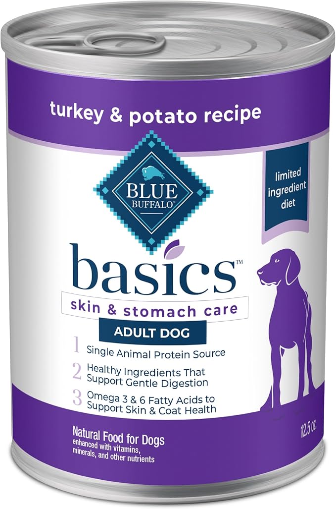 Blue Buffalo Basics Grain-Free Adult Wet Dog Food, Skin & Stomach Care, Limited Ingredient Diet, Turkey Recipe, 12.5-oz Can, 12 Count