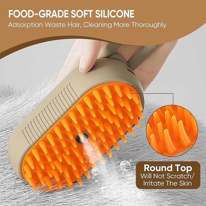 4-in-1 Steam Cat Brush for shedding–Self-Cleaning Comb for Long and Short Hair Cats and Dogs, Steam Pet Brush for Hair Removal, Vibrating Message, Grooming & Relaxation (Khaki)