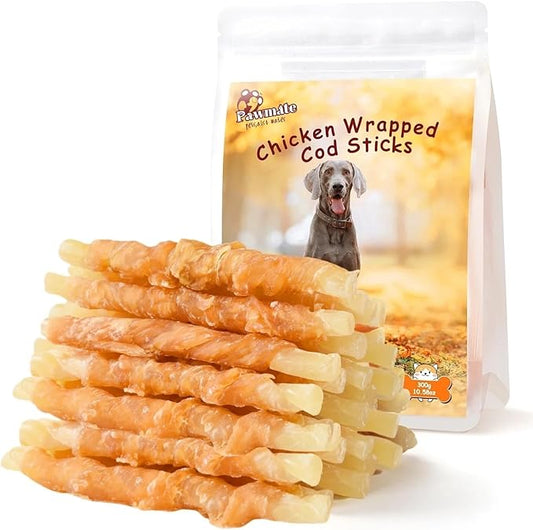 Dog Treats Chicken Wrapped Cod Sticks, Natural Chicken Cod Jerky Treats Rich in Omega-3, High Protein Chewy Training Treats Dog Snacks for Small Medium Large Dogs, 15-17 Counts, 10.6oz