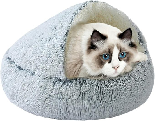 Round Plush Hooded Cat Bed, Cozy Nest Dog Beds, Cats Bed Calming Puppy Doughnut Beds with Cover Cave, Anti-Slip Bottom Washable Pets Sleeping Bag (Grey, M, 23.6×23.6Inch)