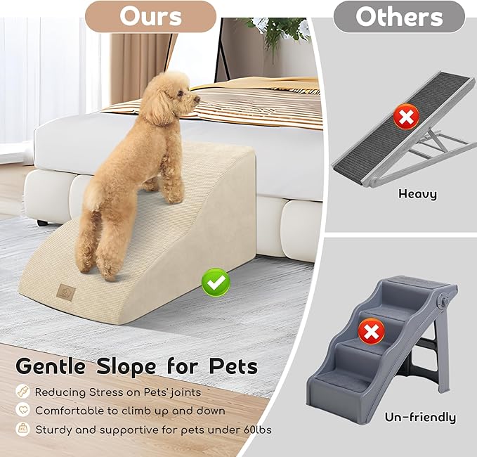 Mestuel Extended Dog Stairs Steps for Couch Sofa, Dog Stairs Ramp for Small Old Joint Injury Dogs Cats, Pet Stairs with Gentle Slope& Nonslip Bottom, Washable Fabric Cover,Beige