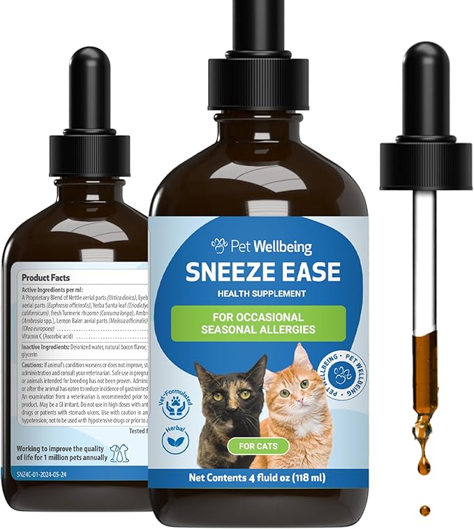 Pet Wellbeing Sneeze Ease for Cats - Occasional Sneezing, Seasonal Allergies, Nose and Eye Discomfort, Eyebright, Nettles - Veterinarian-Formulated Herbal Supplement 4 oz (118 ml)