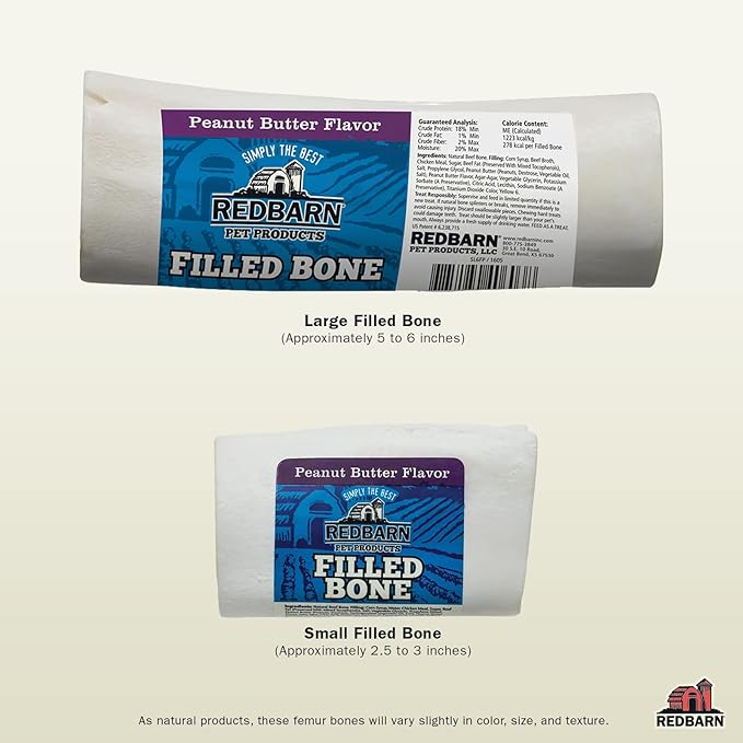 Redbarn Pet Products Small Filled Dog Bones, Peanut Butter Flavor - Long Lasting Stuffed Femur Chew Treat Made in USA - 4 Count - Packaging May Vary