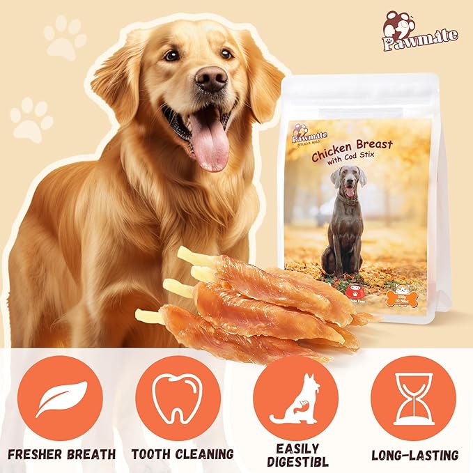 Dog Treats Chicken Tender Wrapped Cod Sticks, Rawhide-Free High Protein Dog Jerky Soft Chews, Healthy Training Snacks for Small Medium Large Dogs, 9-10 Counts, 10.6oz