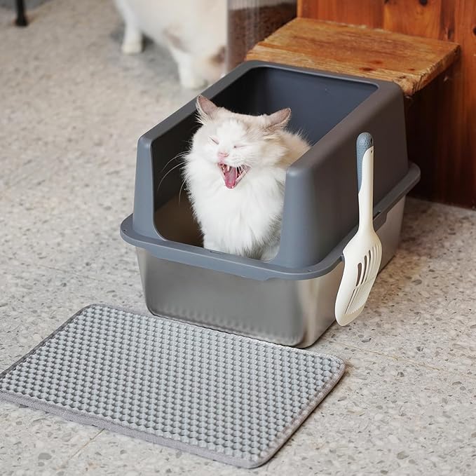 Stainless Steel Cat Litter Box, Covered Metal Litter Tray, Cat Litter Pans with High Sides, Kitty Litter Box for Small and Medium Cats (Non Sticky, Anti-Urine Leakage) 17.5" L x 13.5" W x 6" H