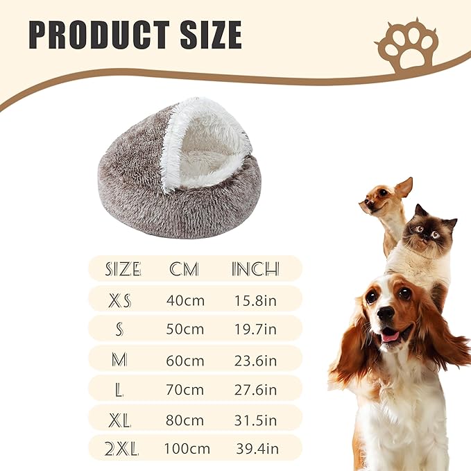 Round Plush Hooded Cat Bed, Cozy Nest Dog Beds, Cats Bed Calming Puppy Doughnut Beds with Cover Cave, Anti-Slip Bottom Washable Pets Sleeping Bag (Coffee, XL, 31.5×31.5Inch)