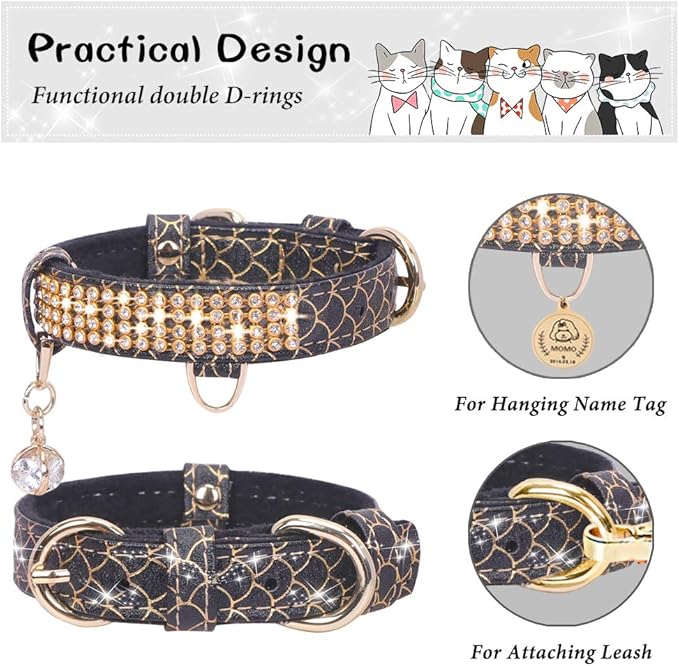 PetsHome Cat Collar, Dog Collar, [Bling Rhinestones] Premium PU Leather with Pendant Adjustable Collars for Cat and Small Dog Extra Small Black