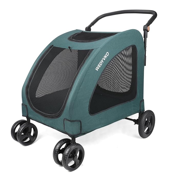 Dog Stroller with 4 Wheels, Folding Cat Strolling for 2 Small/Medium/Large Dogs & Cats to 120 lbs, All-Terrain Breathable Mesh Lightweight Travel Carrier for Jogger Outdoor Use (Dark Green)