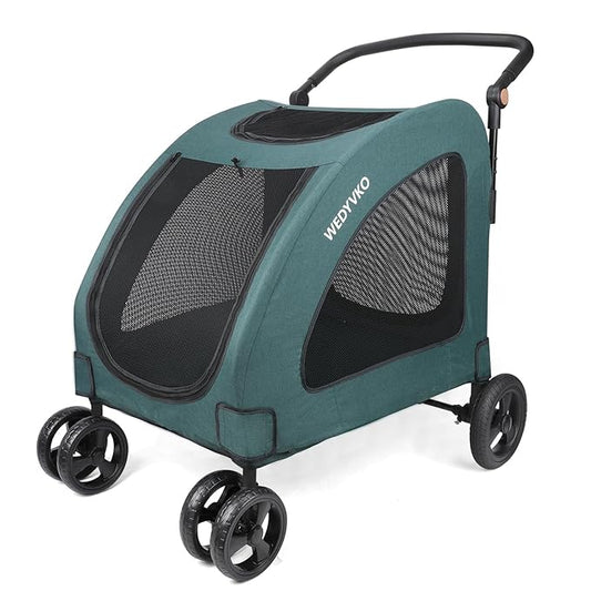 Dog Stroller with 4 Wheels, Folding Cat Strolling for 2 Small/Medium/Large Dogs & Cats to 120 lbs, All-Terrain Breathable Mesh Lightweight Travel Carrier for Jogger Outdoor Use (Dark Green)