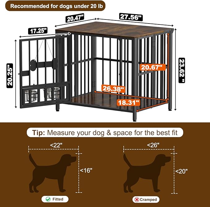 Easycom 27" Dog Crate Furniture Foldable, No Assembly Decorative Dog Kennel Indoor, Dog Crates for Small Dogs (Under 20 lb), Wooden Dog Cage with Adjustable Bowls and Name Tag, End Table, Rustic Brown