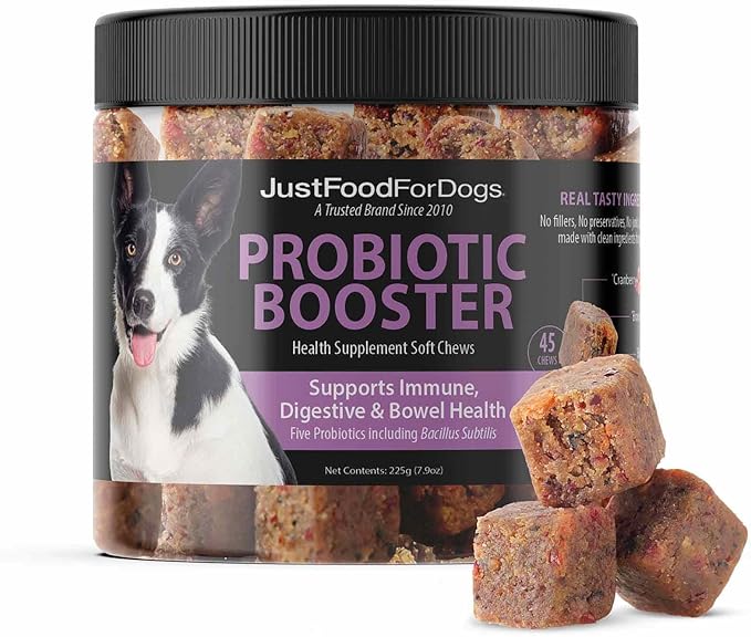 JustFoodForDogs Probiotic Booster Gut Health Soft Chews Supplement for Dogs, Digestive Health Support, Diarrhea, Human Grade Ingredients - 45 Count