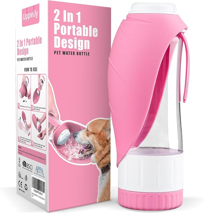 Dog Water Bottle, Pet Water Bottle with Food Container and Drinking Feeder, Leak Proof, BPA-Free, Portable Foldable Puppy Water Cup Dispenser for Outdoor Walking, Travel, Hiking Large Pink