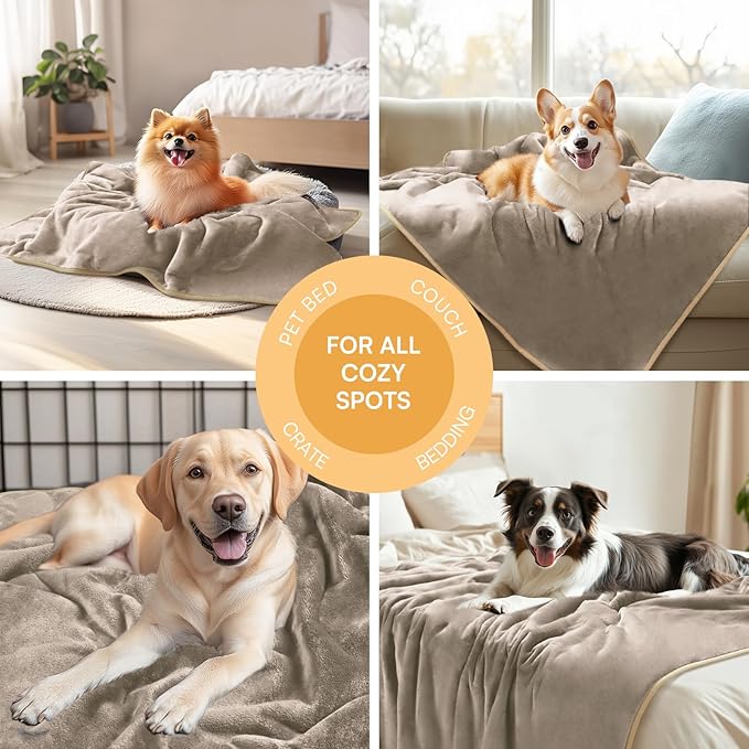 Luciphia Waterproof Pet Blanket, Liquid Pee Proof Dog Blanket for Sofa Bed Couch, Reversible Sherpa Fleece Furniture Protector Cover for Small Medium Large Dogs Cats, Khaki+Beige Large（65" x 57"）