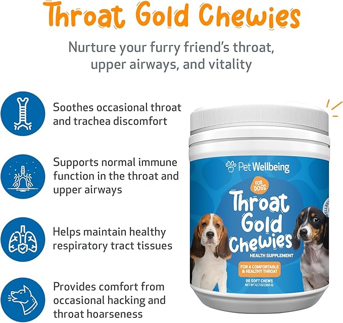 Pet Wellbeing Throat Gold Chewies for Dogs - Vet-Formulated Upper Respiratory Support - Convenient Chewies for Throat Comfort & Occasional Cough - Holistic Herbal Dog Supplement - 90 Count