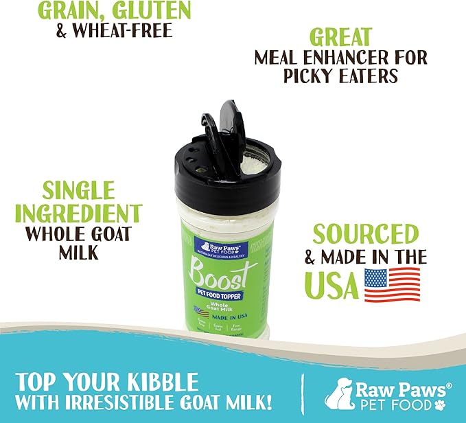 Raw Paws Boost Pet Food Topper Whole Goat Milk Powder, 3.1-oz - Made in USA, Dog Food Toppers for Dry Food - Cat Food Toppers, Dog Food Topper Powder, Dog Food Flavor Topper, Goat Milk Gravy for Cats
