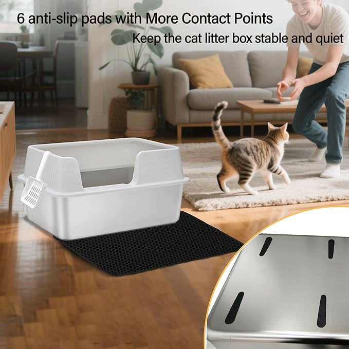 Enclosed High Sided Metal Stainless Steel Cat Litter Box with lid Scoop and Mats for Kittens or Medium Cats, Easy Clean White Deep Tall Kitty Litter Box