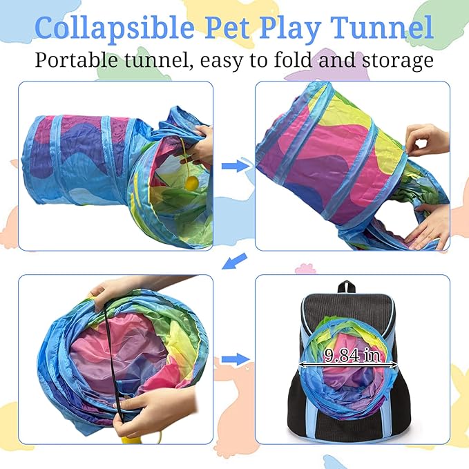 BNOSDM Bunny Tunnel, Collapsible 3 Way Rabbit Tunnels Portable Guinea Pig Tunnel Hideout, Small Animals Activity Tubes with Chew Toys for Kitten Rabbit
