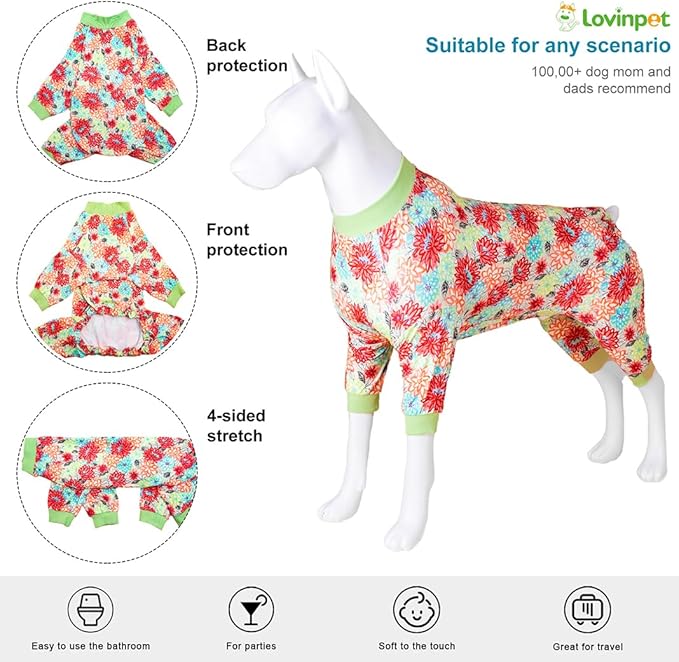 LovinPet Dog PJS Bodysuit for Large Dogs, Pet Pajamas for Dogs, Anti Licking & Anxiety Calming Dog Shirt, Lightweight Stretchy Fabric, Watermelon & Flowers Print, Pitbull Clothes, Large