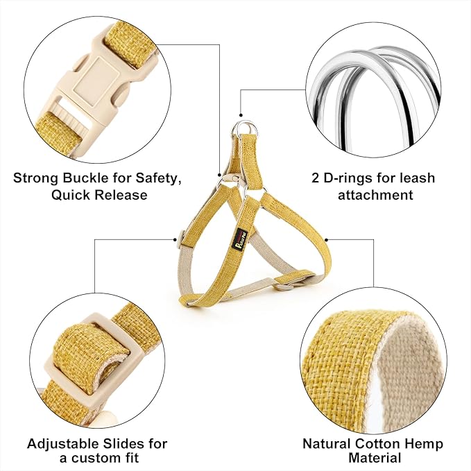 Plutus Pet Cotton Hemp Step in Dog Harness, Sustainable, Lightweight and Escape-Proof, Quick Fit Dog Harness for Puppy Small Medium and Large Dogs, Yellow, XS