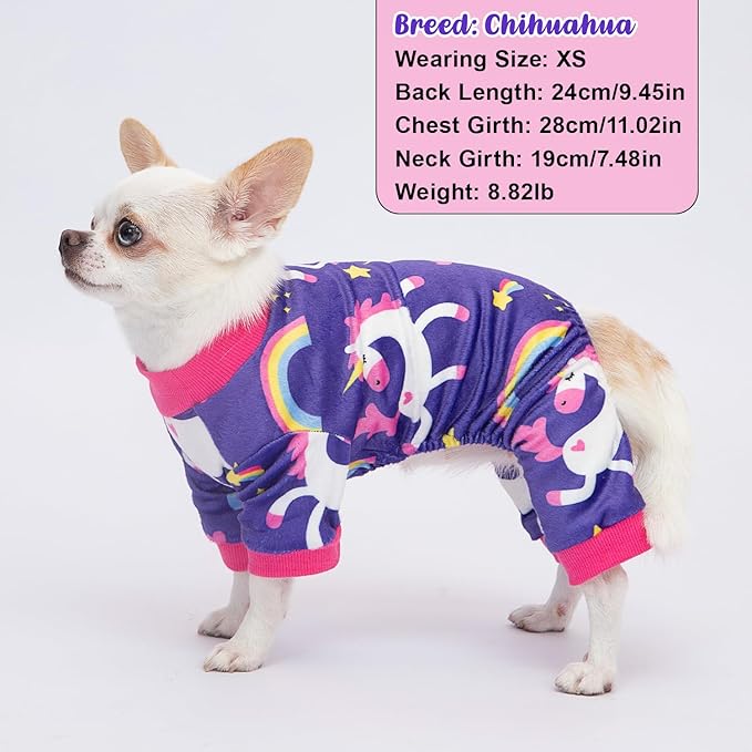 Dog Pajamas Soft Lightweight Dog Onesies Outfit Clothes for Small Medium Large Puppy Pjs for Pet Boys Girls Dogs Cats (S (Back: 10",Chest: 14", Neck: 9.5"), Purple Unicorn)
