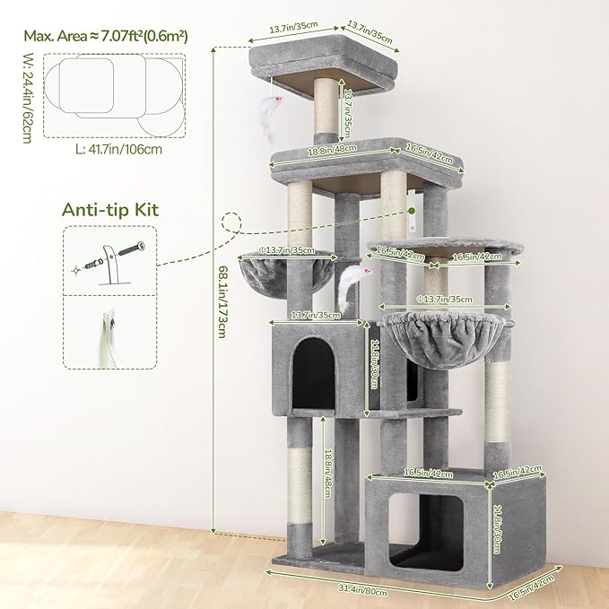 Globlazer Heavy Duty Cat Tree Tower for Large Cats, 68 inch Tall Multi-Level Sturdy Cat Tree Tower for Big Cat with 2 Oversized Condos, 2 Enlarged Perches, 2 Big Hanging Baskets, F68, Light Grey