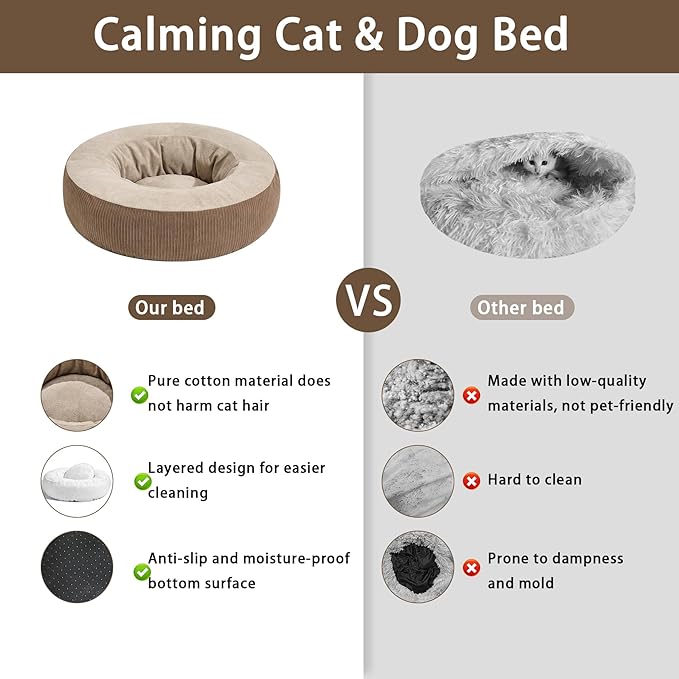 Calming Cat Bed with Anti-Slip Bottom, Washable Removable Round Cozy Donut Pet Bed for Indoor Cats, Small Dogs, Kittens & Puppies 20”x20”x6”