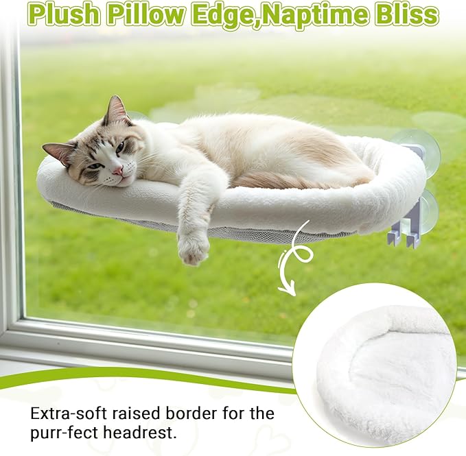 Cordless Cat Window Perch, Foldable Cats Hammock Window Bed with Metal Frame, Soft Cover, Large Suction Cups, Indoor Kitten Window Resting Seat, White