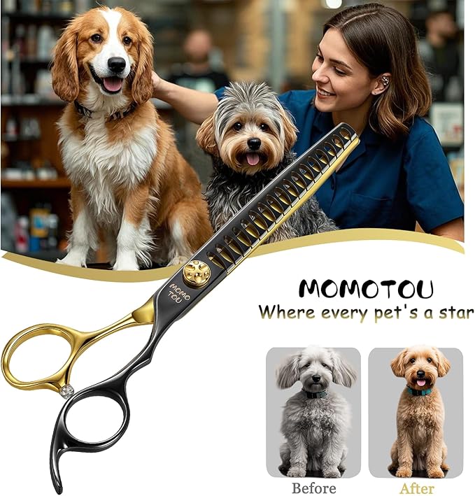 7.5'' Chunker Dog Grooming Scissors with Decorative Screw Sharp and Durable Black and Golden 440C Stainless Steel Dog Thinner Shears Easy Use for Groomers and Beginners.