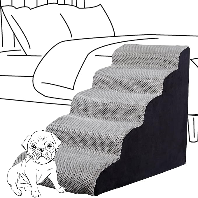 Curved Dog Stairs 24 inches High, Dog Ramp Stairs for Small Dogs for High Beds 20-25 inches Tall, 30D Foam Dog Steps for Beds 24 inches, Pet Stairs/Steps for Old Dogs Cats, Grey