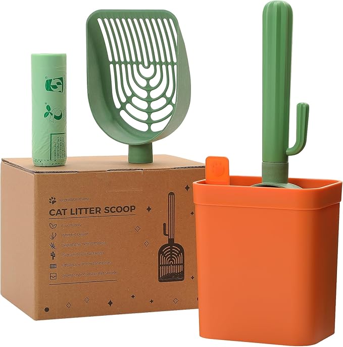 Cactus Cat Litter Scooper with Holder - 2 Replaceable Wheat Straw Plastic Shovels & ABS Handle and Box - Cat Litter Scoop with Bag & Trash Bag Storage - Premium Kitty Litter Scoop Green